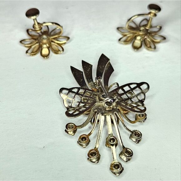 Vintage Demi Parure Blue Rhinestone Floral Screw Back Brooch Pin Earring Set - Picture 7 of 10